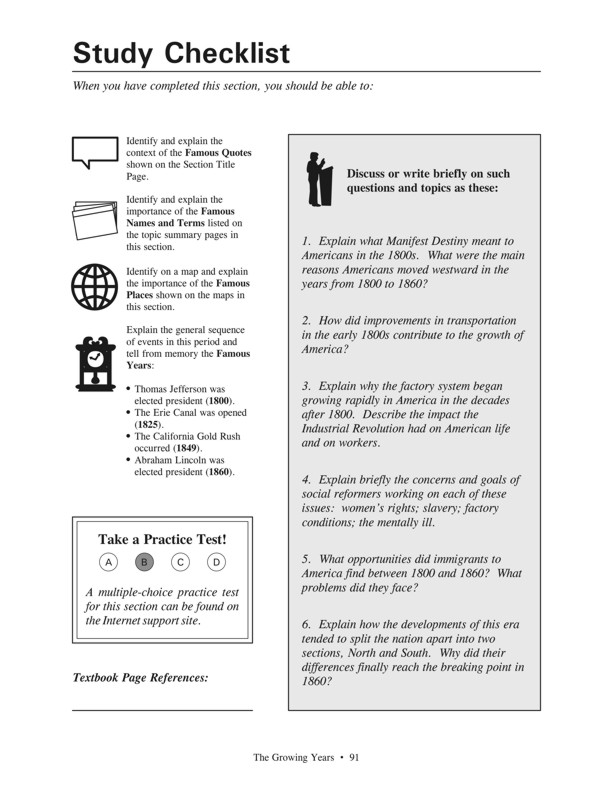 Fasttrack to America's Past - Section 4 The Growing Years 1800 - 1860 Study Checklist for this section