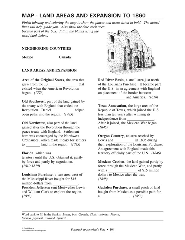 Fasttrack to America's Past - Section 4 - The Growing Years 1800 - 1860 - U.S. Land Areas and Expansion to 1860 - map directions page